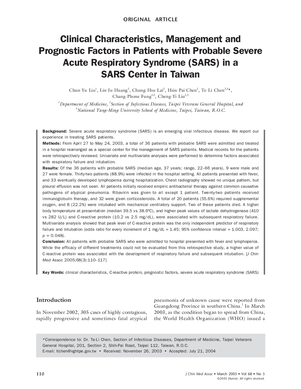 Clinical Characteristics, Management and Prognostic Factors in Patients with Probable Severe Acute Respiratory Syndrome (SARS) in a SARS Center in Taiwan