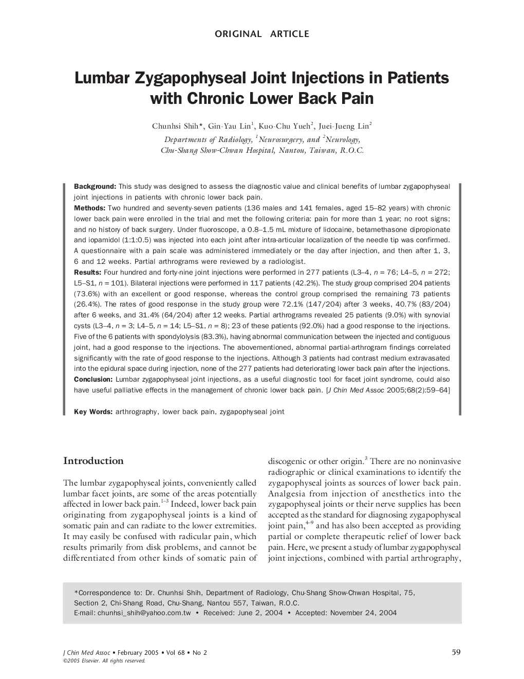 Lumbar Zygapophyseal Joint Injections in Patients with Chronic Lower Back Pain