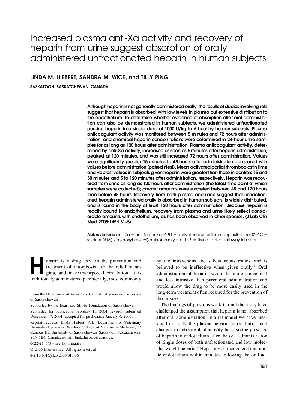 Increased plasma anti-Xa activity and recovery of heparin from urine suggest absorption of orally administered unfractionated heparin in human subjects