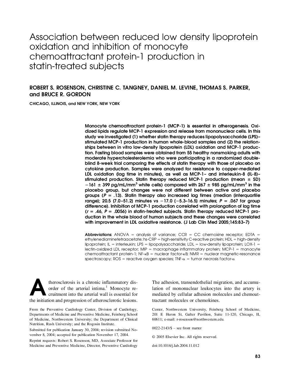 عکس صفحه اول مقاله: Association between reduced low density lipoprotein oxidation and inhibition of monocyte chemoattractant protein-1 production in statin-treated subjects Association between reduced low density lipoprotein oxidation and inhibition of monocyte chemoattractant protein-1 production in statin-treated subjects