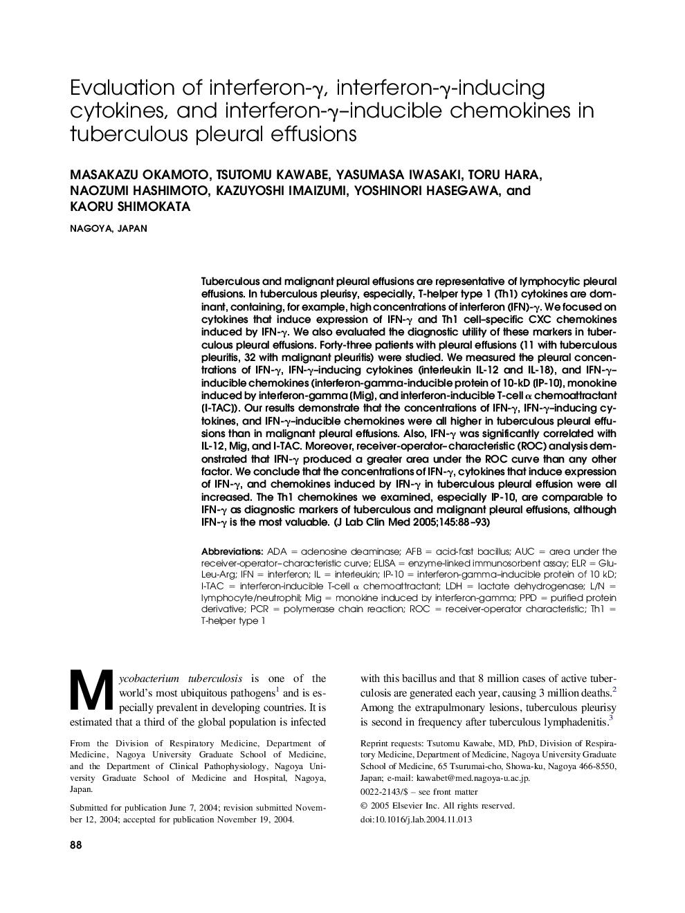 Evaluation of interferon-Î³, interferon-Î³-inducing cytokines, and interferon-Î³-inducible chemokines in tuberculous pleural effusions