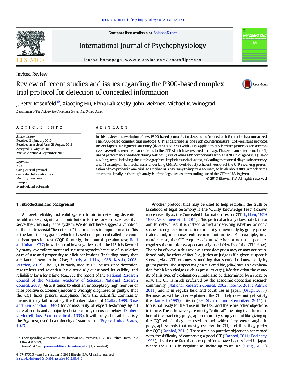 Review of recent studies and issues regarding the P300-based complex trial protocol for detection of concealed information