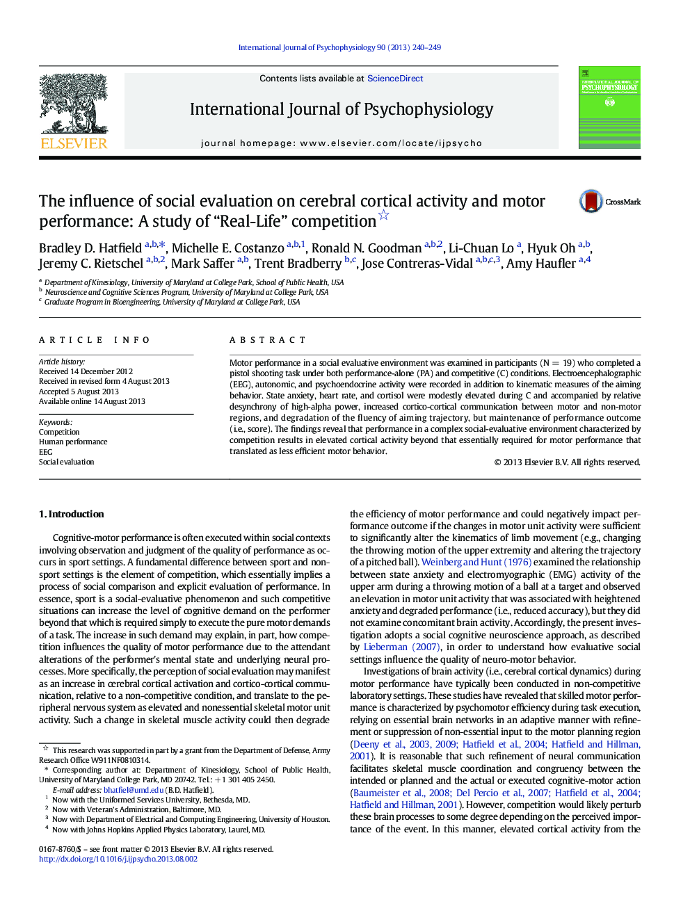 The influence of social evaluation on cerebral cortical activity and motor performance: A study of “Real-Life” competition 