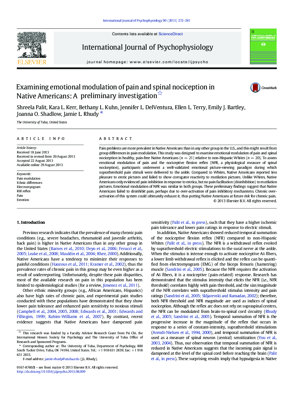 Examining emotional modulation of pain and spinal nociception in Native Americans: A preliminary investigation 