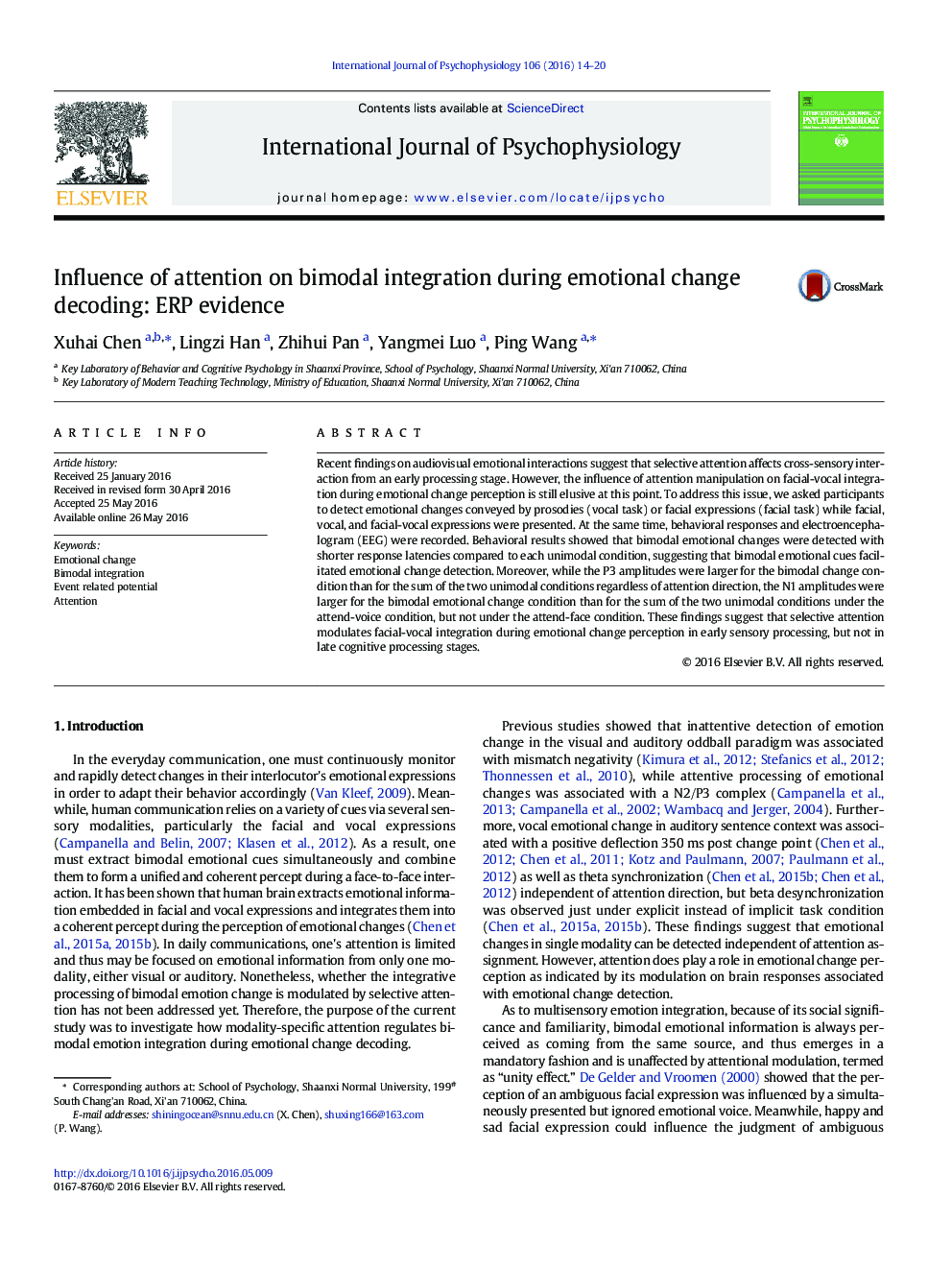 Influence of attention on bimodal integration during emotional change decoding: ERP evidence