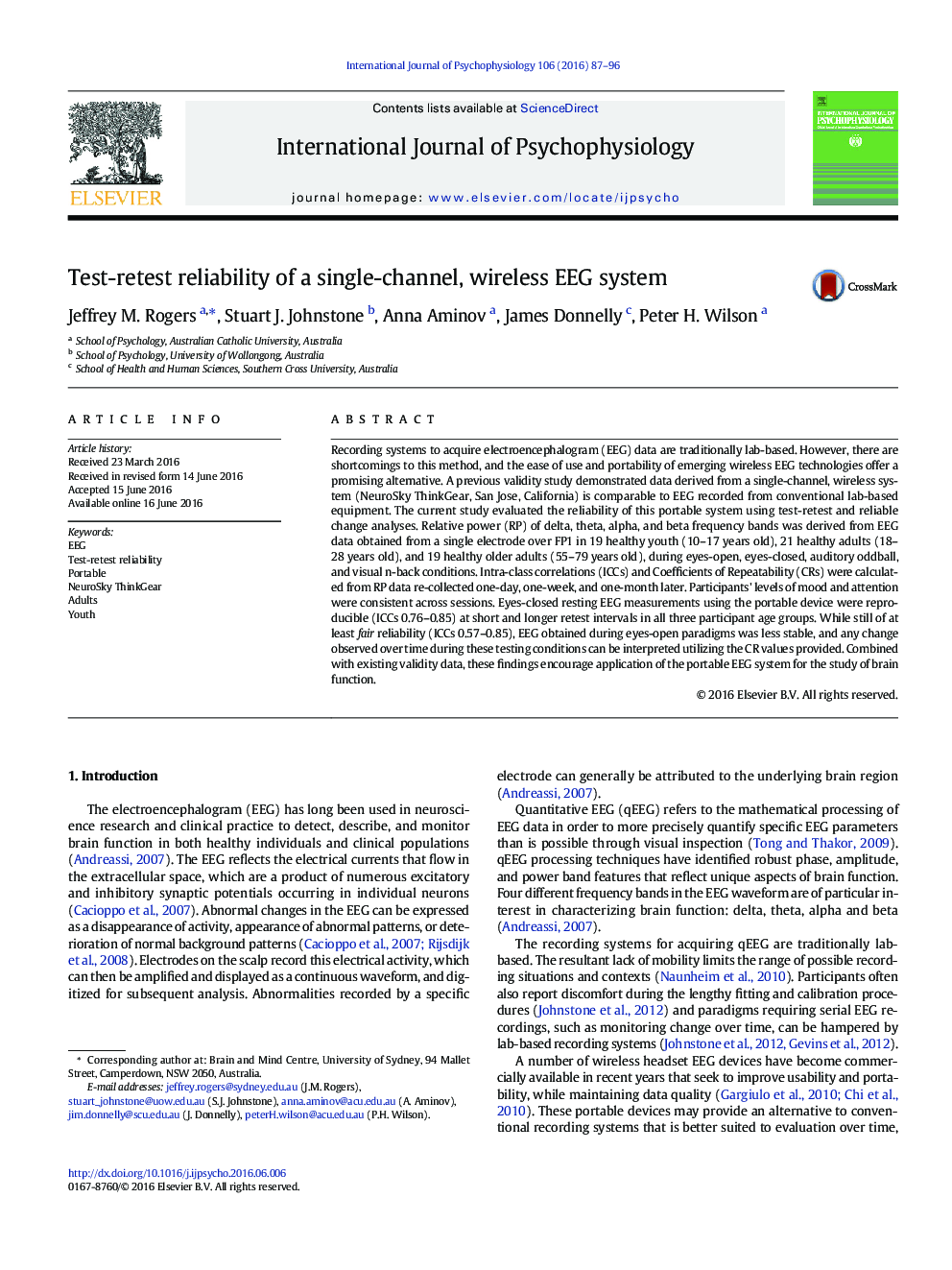 Test-retest reliability of a single-channel, wireless EEG system