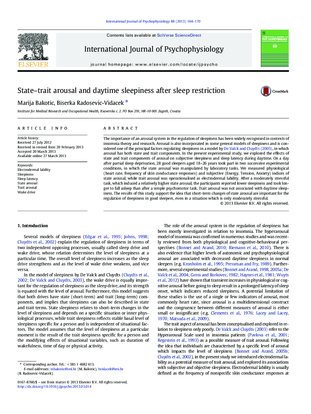 State–trait arousal and daytime sleepiness after sleep restriction