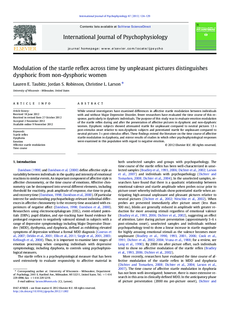 Modulation of the startle reflex across time by unpleasant pictures distinguishes dysphoric from non-dysphoric women