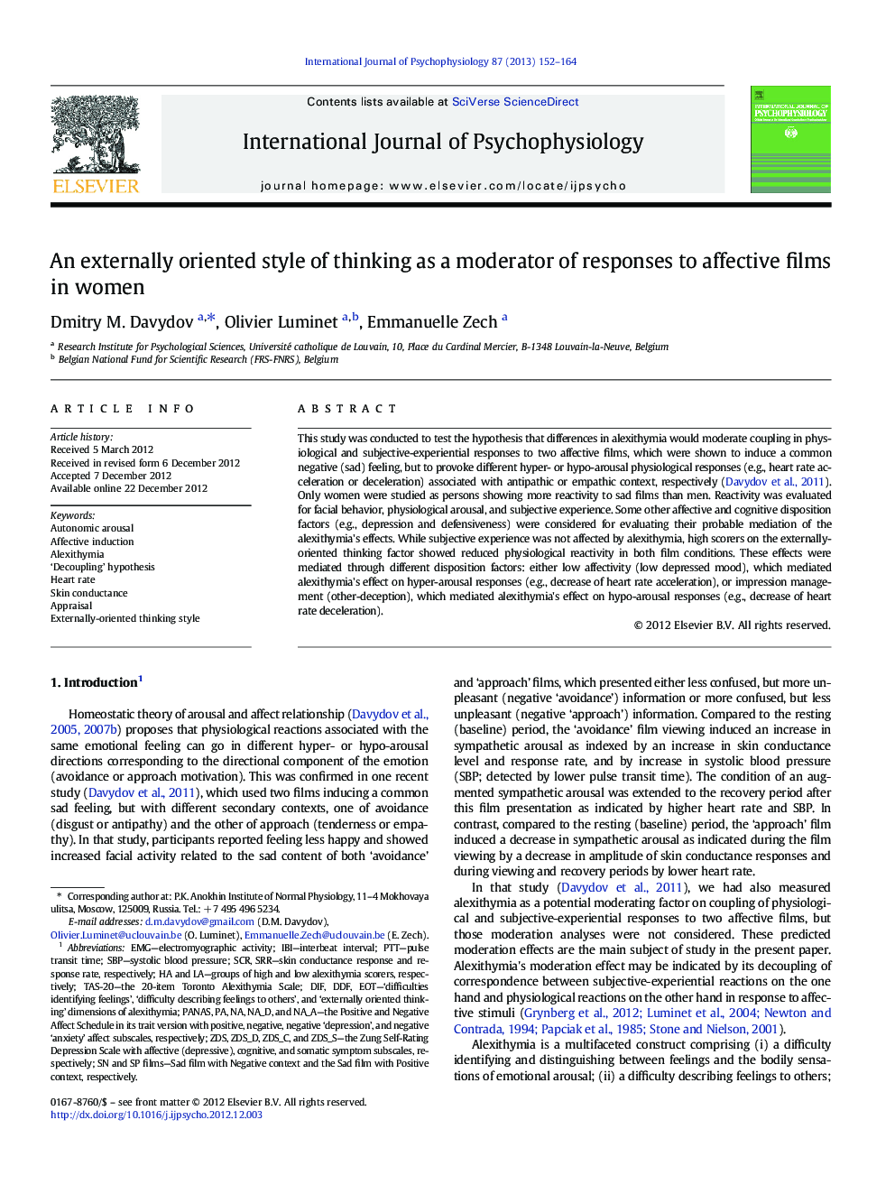 An externally oriented style of thinking as a moderator of responses to affective films in women