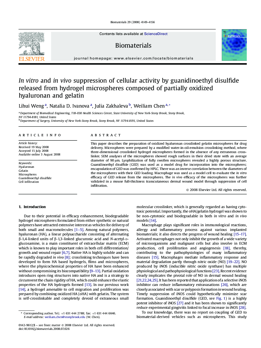 In vitro and in vivo suppression of cellular activity by guanidinoethyl disulfide released from hydrogel microspheres composed of partially oxidized hyaluronan and gelatin