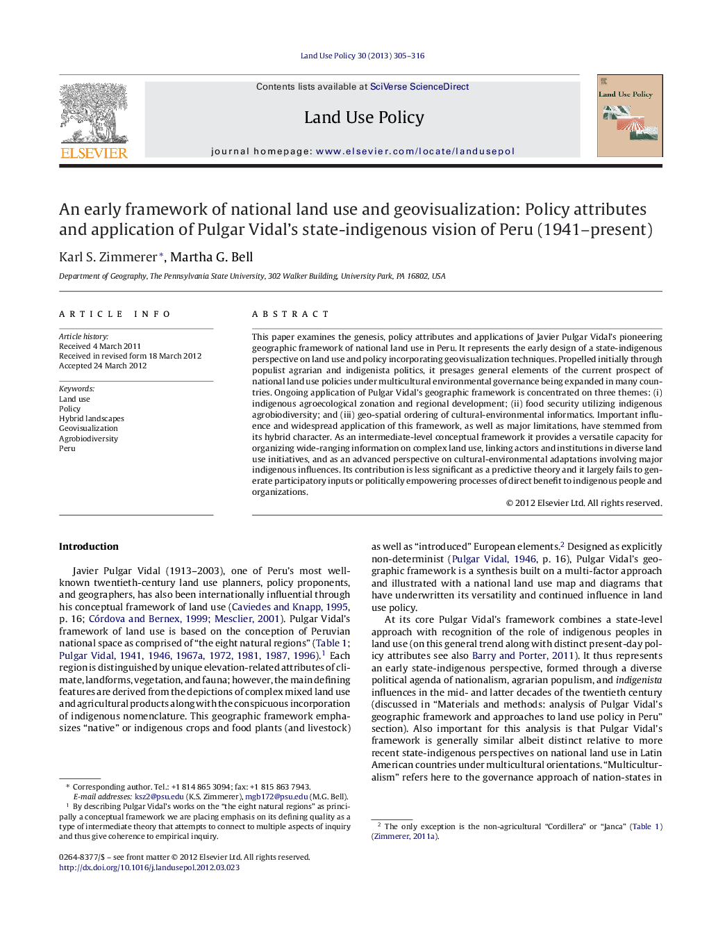 An early framework of national land use and geovisualization: Policy attributes and application of Pulgar Vidal's state-indigenous vision of Peru (1941–present)