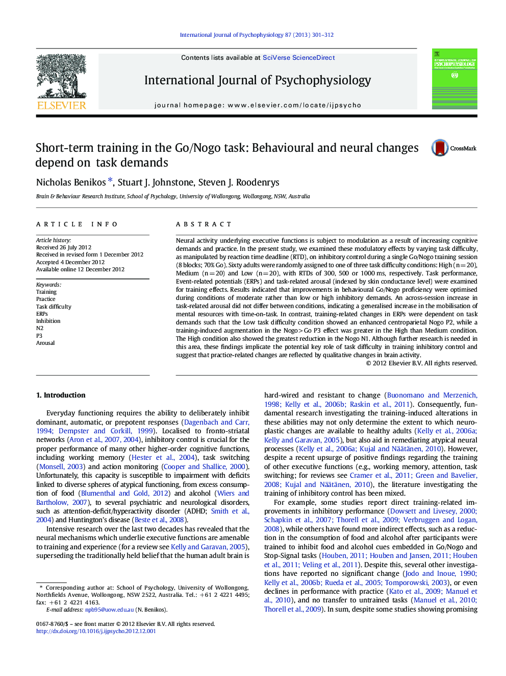 Short-term training in the Go/Nogo task: Behavioural and neural changes depend on task demands