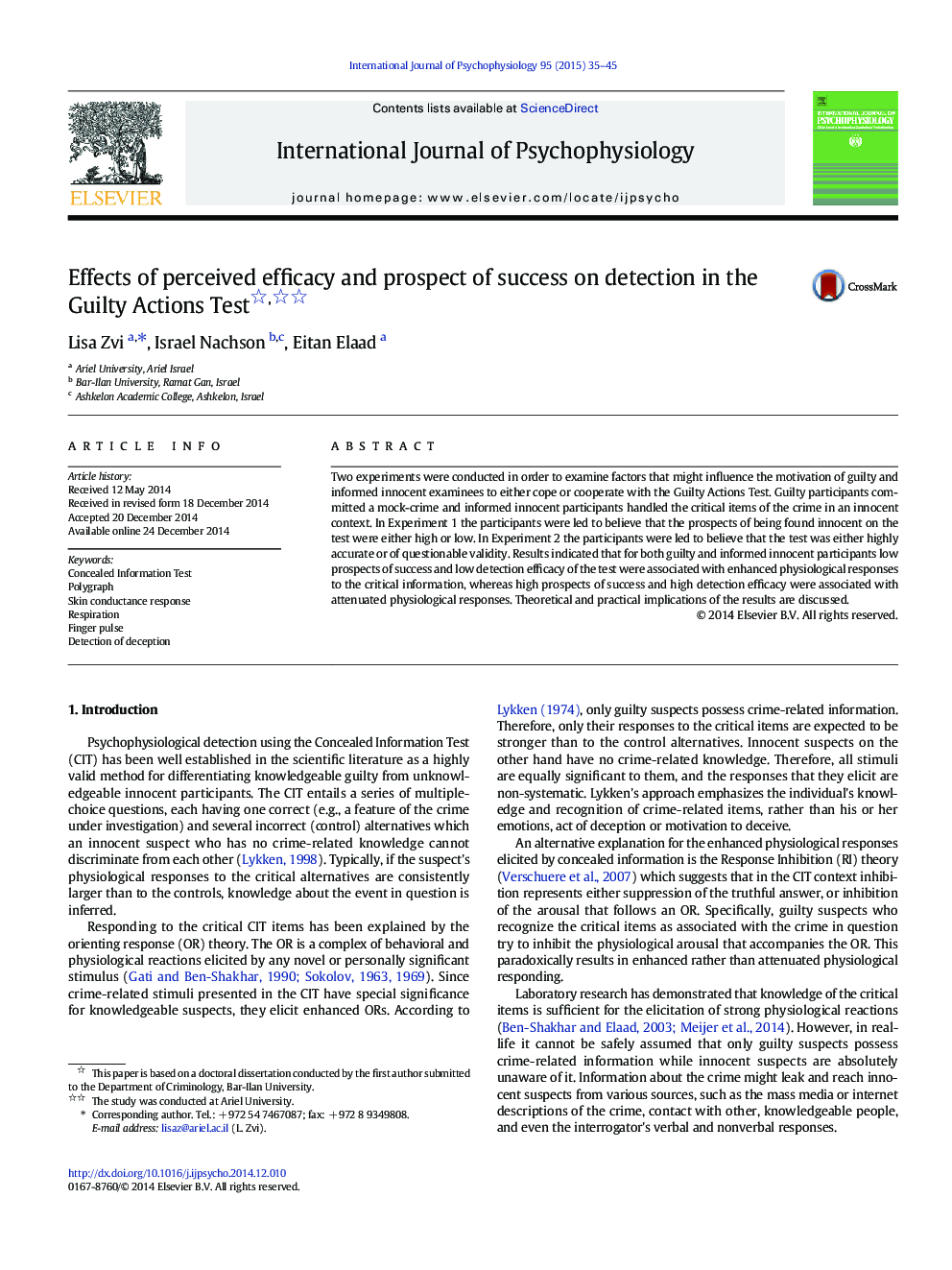 Effects of perceived efficacy and prospect of success on detection in the Guilty Actions Test 