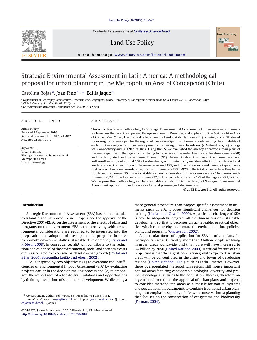 Strategic Environmental Assessment in Latin America: A methodological proposal for urban planning in the Metropolitan Area of Concepción (Chile)