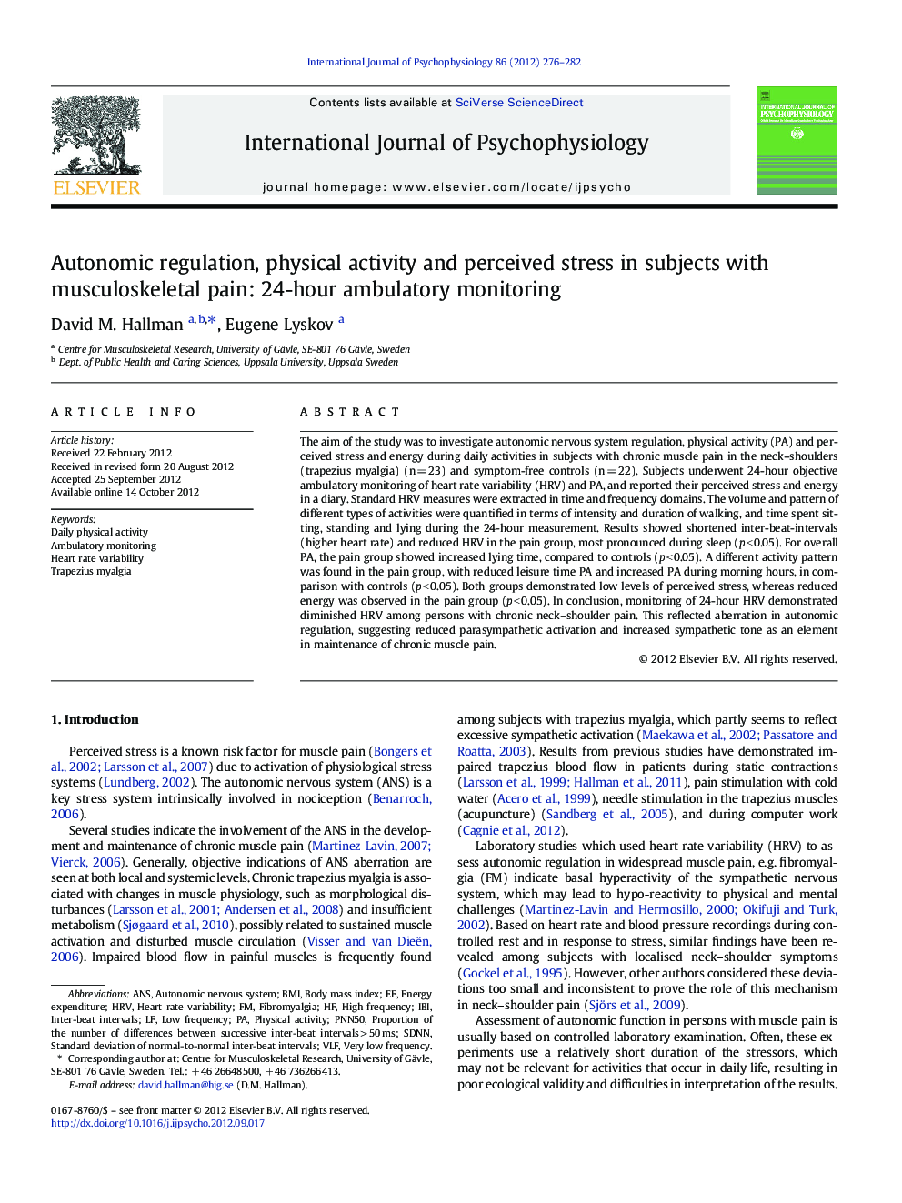 Autonomic regulation, physical activity and perceived stress in subjects with musculoskeletal pain: 24-hour ambulatory monitoring