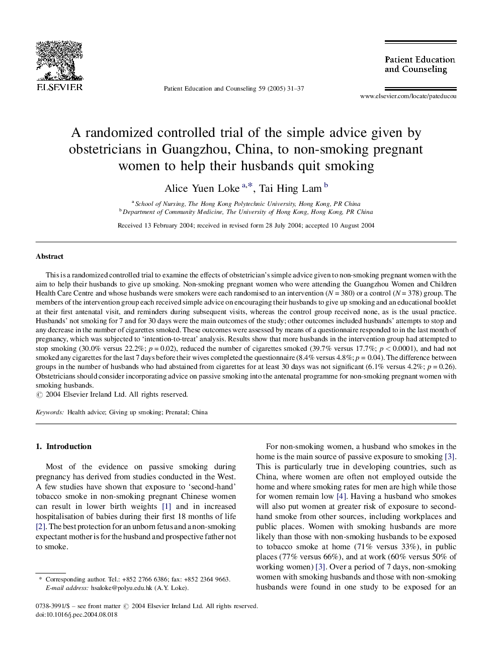 A randomized controlled trial of the simple advice given by obstetricians in Guangzhou, China, to non-smoking pregnant women to help their husbands quit smoking