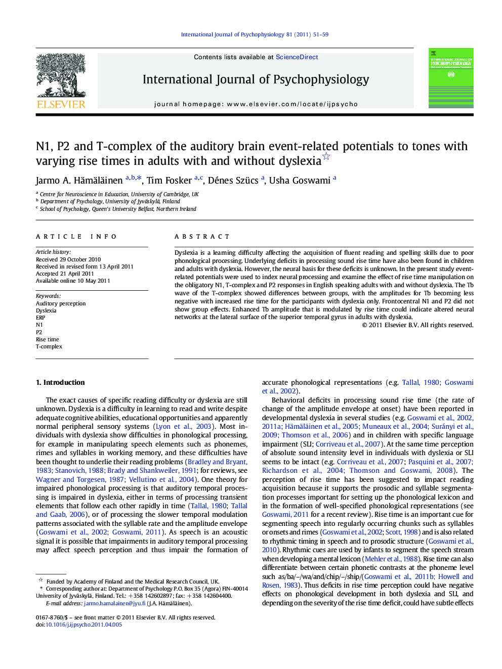 N1, P2 and T-complex of the auditory brain event-related potentials to tones with varying rise times in adults with and without dyslexia 