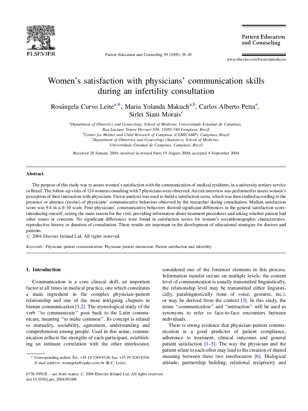 Women's satisfaction with physicians' communication skills during an infertility consultation