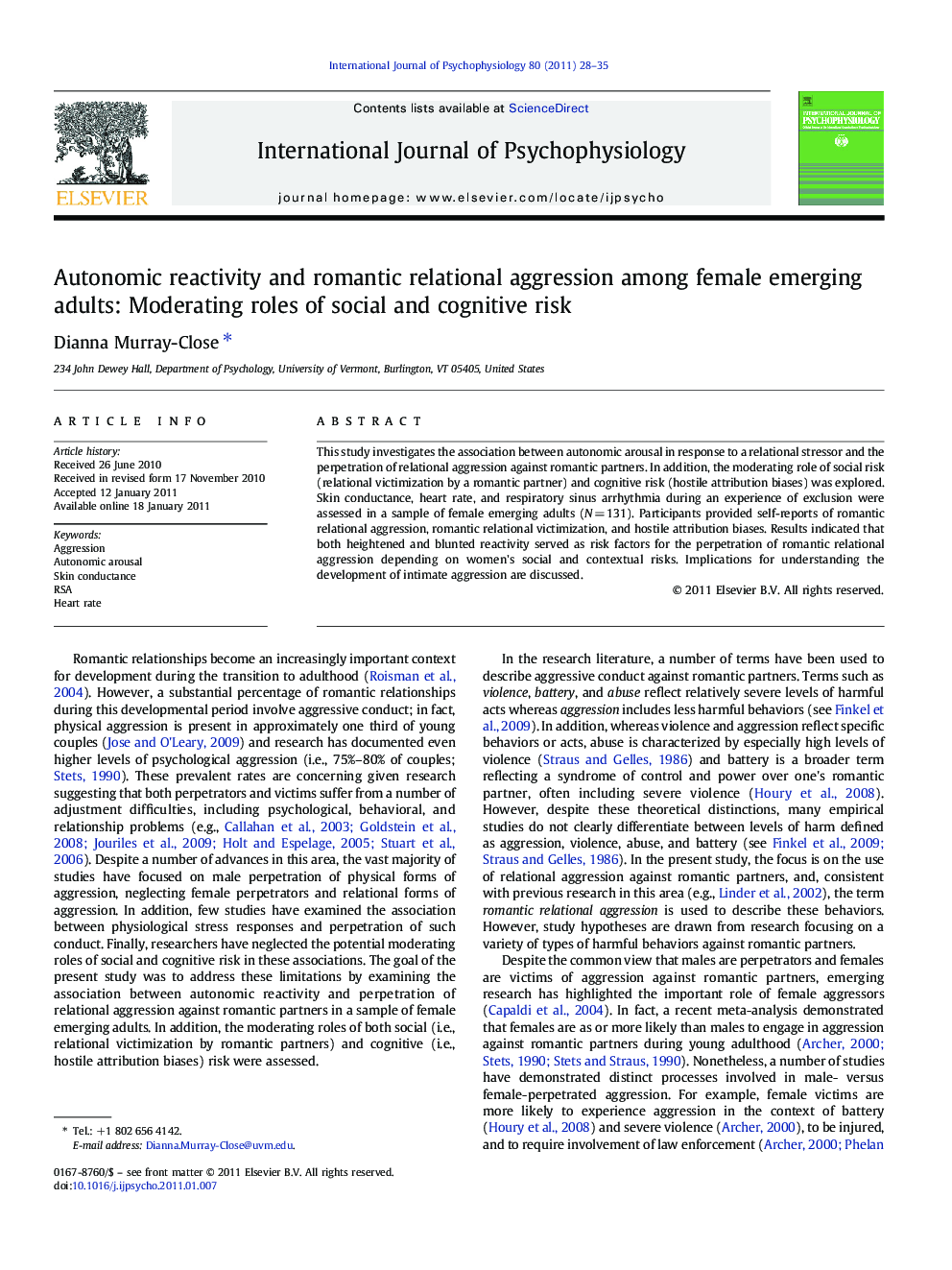 Autonomic reactivity and romantic relational aggression among female emerging adults: Moderating roles of social and cognitive risk