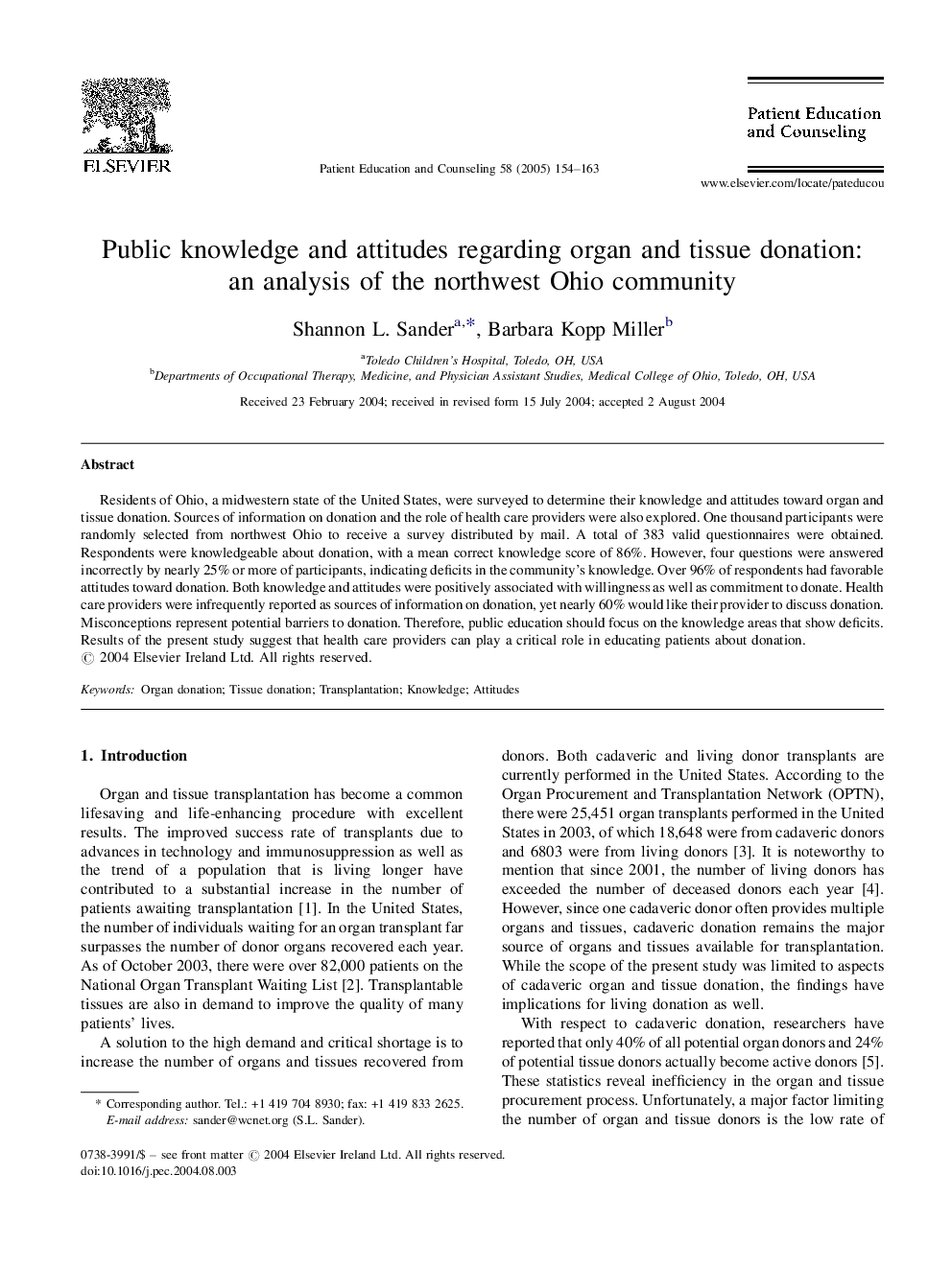 Public knowledge and attitudes regarding organ and tissue donation: an analysis of the northwest Ohio community