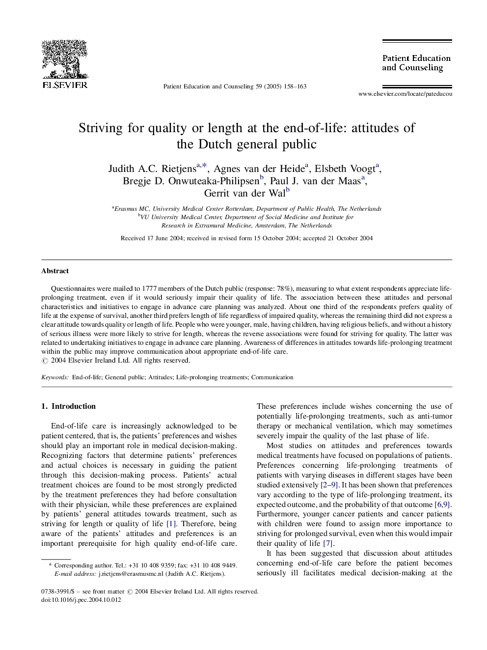 Striving for quality or length at the end-of-life: attitudes of the Dutch general public