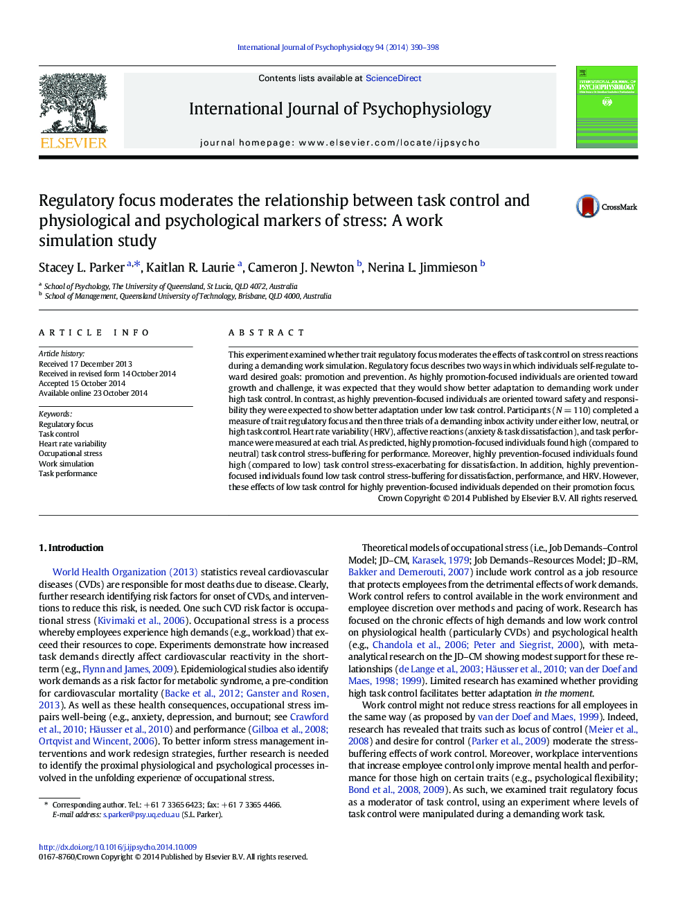 Regulatory focus moderates the relationship between task control and physiological and psychological markers of stress: A work simulation study