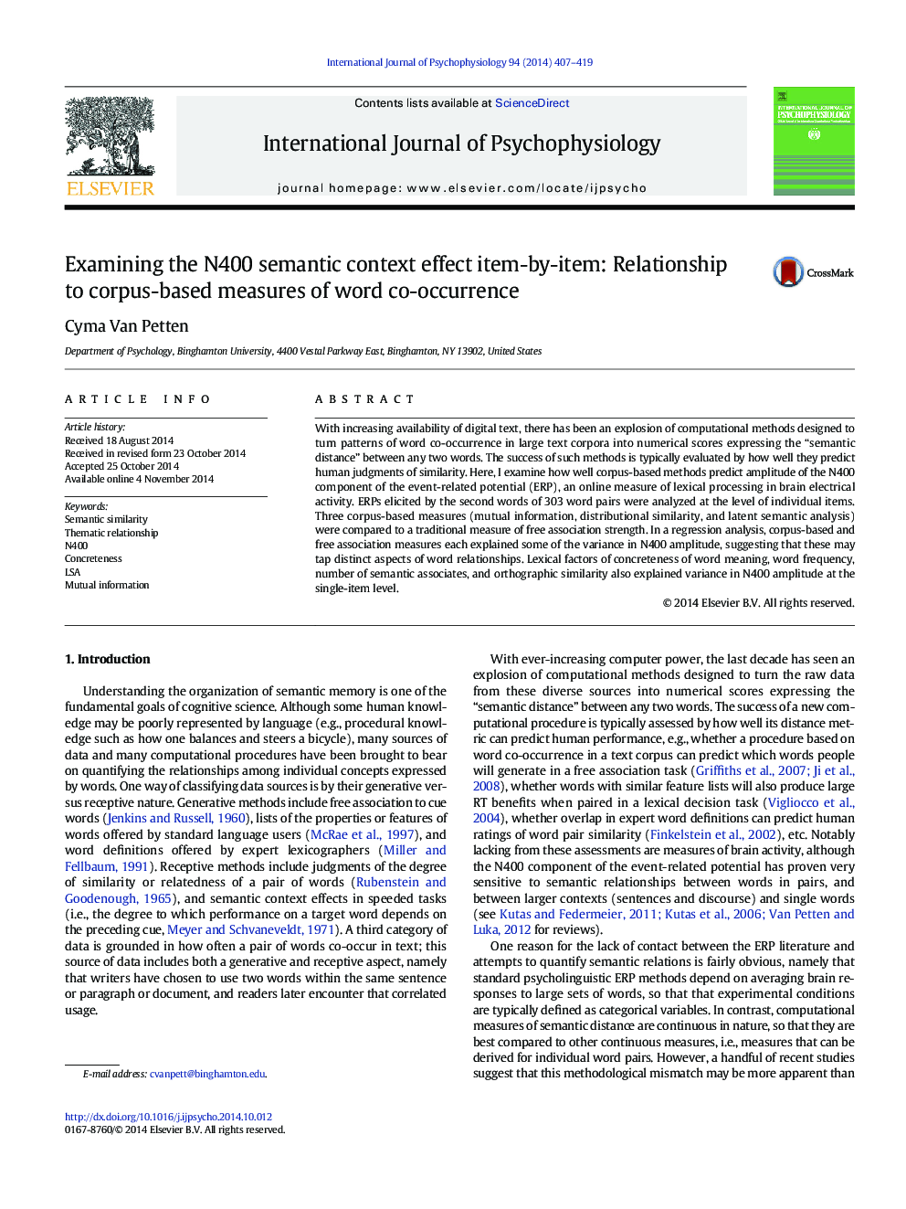 Examining the N400 semantic context effect item-by-item: Relationship to corpus-based measures of word co-occurrence