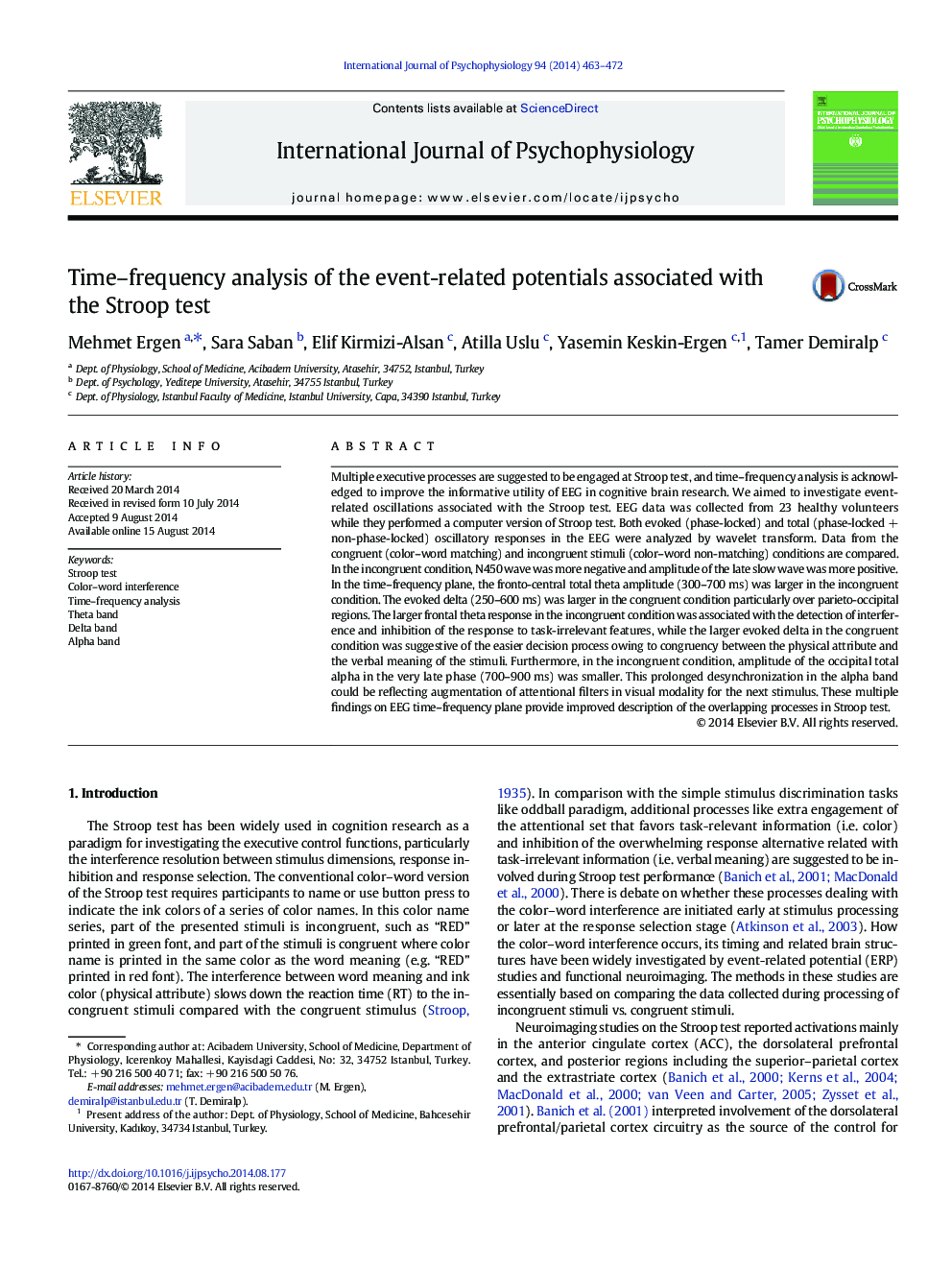 Time–frequency analysis of the event-related potentials associated with the Stroop test