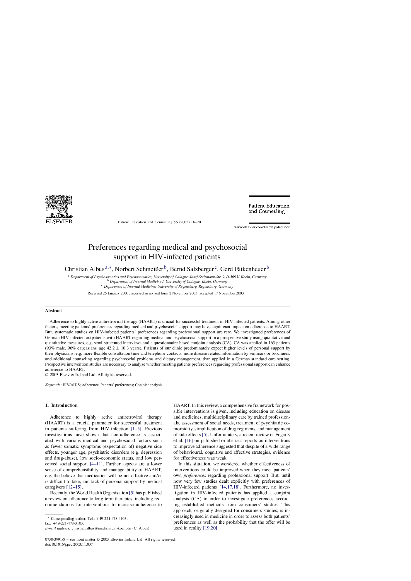 Preferences regarding medical and psychosocial support in HIV-infected patients