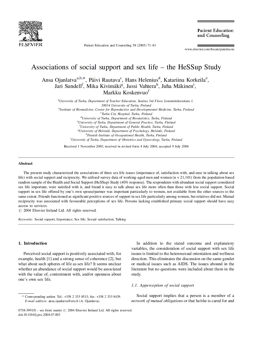 Associations of social support and sex life - the HeSSup Study