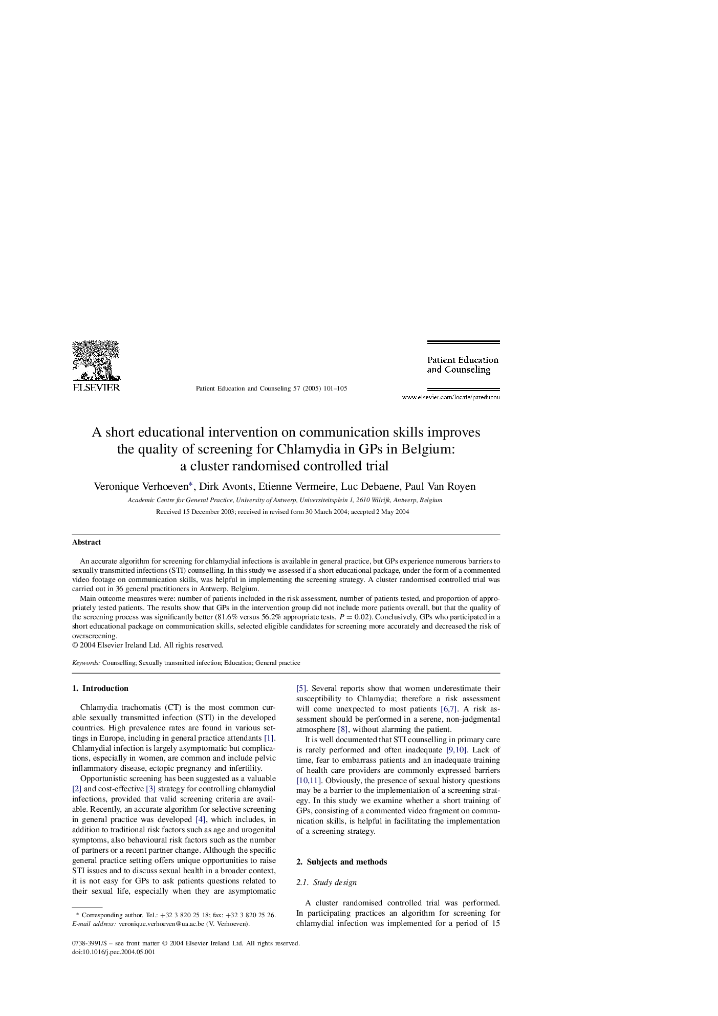 A short educational intervention on communication skills improves the quality of screening for Chlamydia in GPs in Belgium: a cluster randomised controlled trial