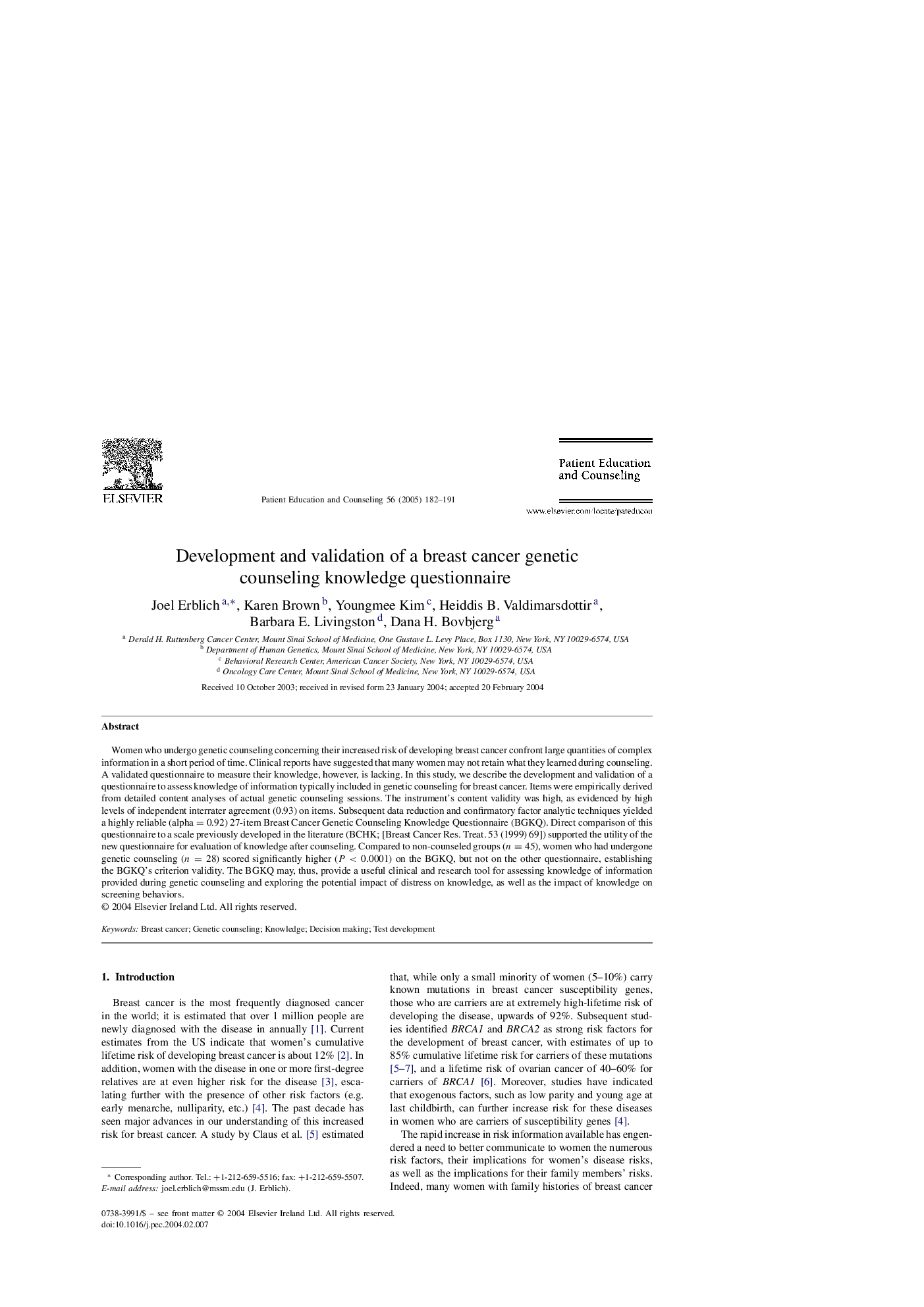 Development and validation of a breast cancer genetic counseling knowledge questionnaire