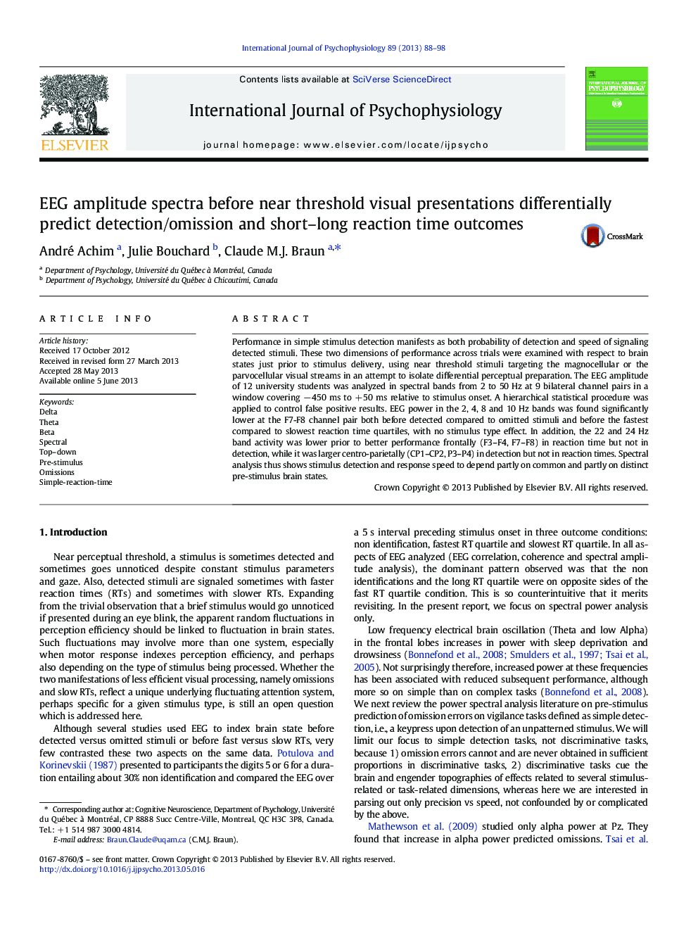 EEG amplitude spectra before near threshold visual presentations differentially predict detection/omission and short–long reaction time outcomes