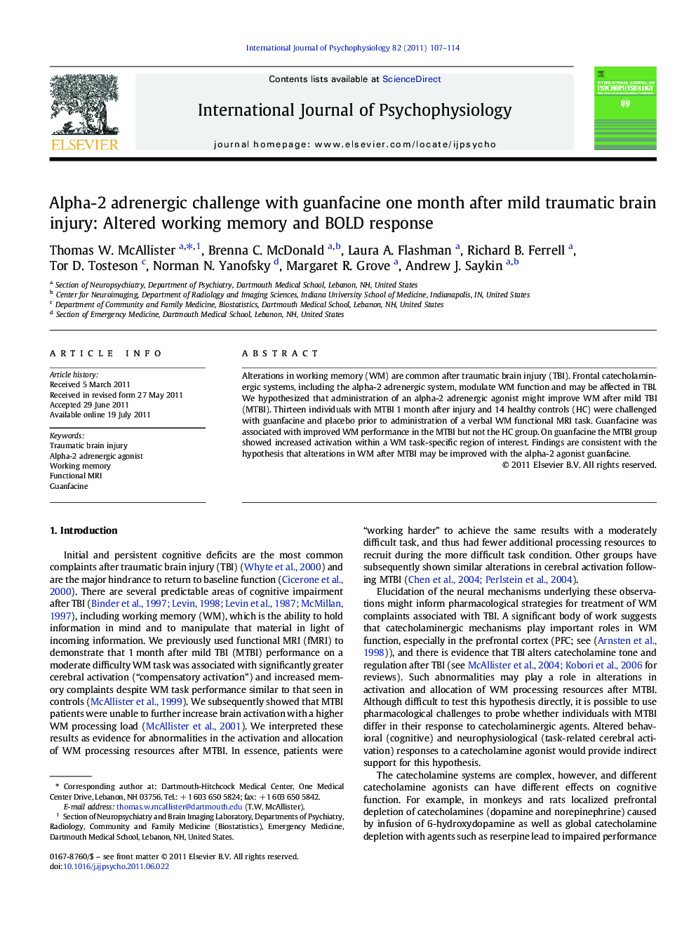 Alpha-2 adrenergic challenge with guanfacine one month after mild traumatic brain injury: Altered working memory and BOLD response