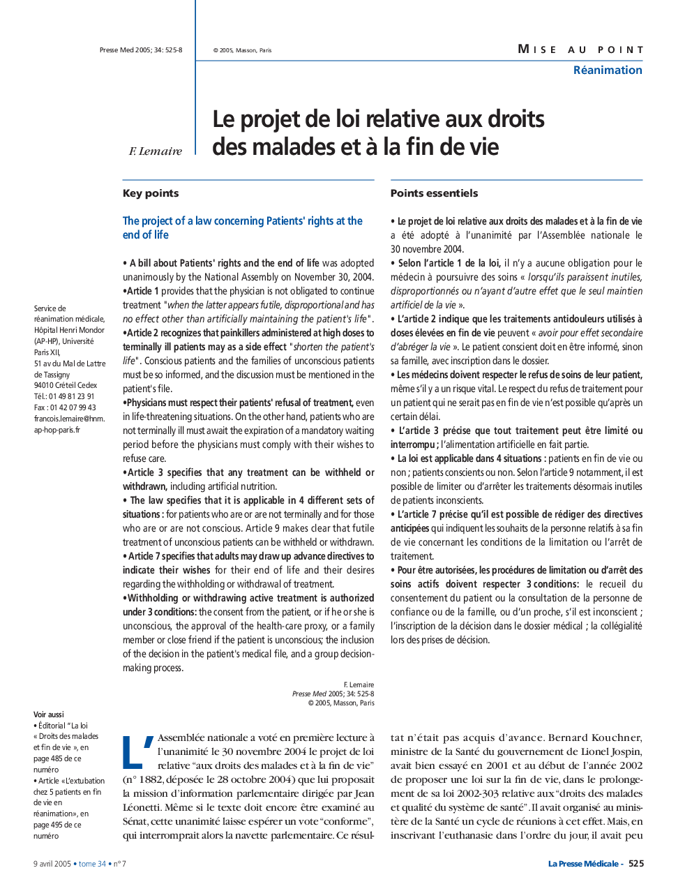 Le projet de loi relative aux droits des malades et Ã  la fin de vie