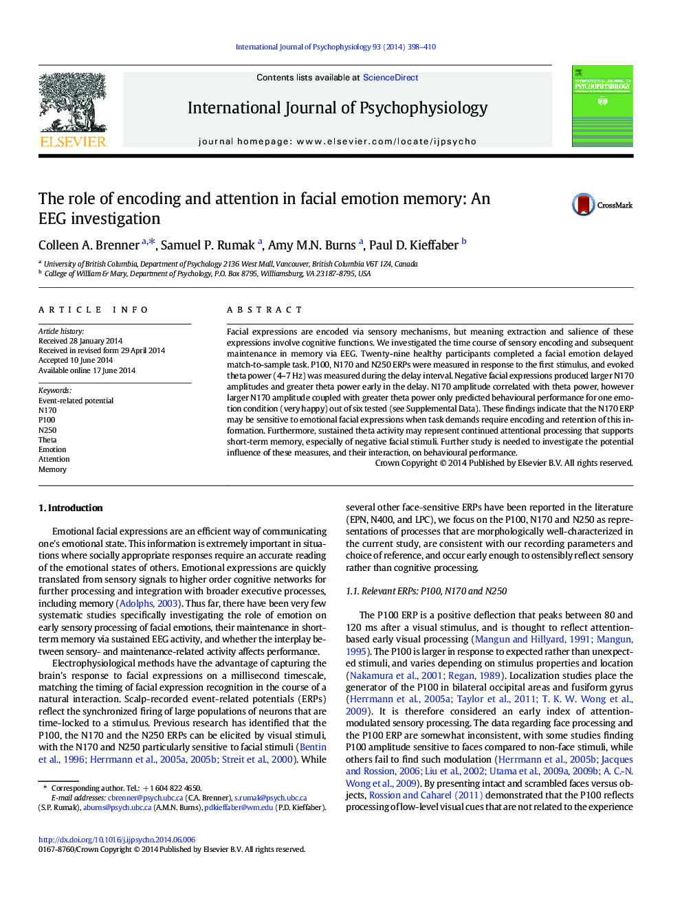 The role of encoding and attention in facial emotion memory: An EEG investigation