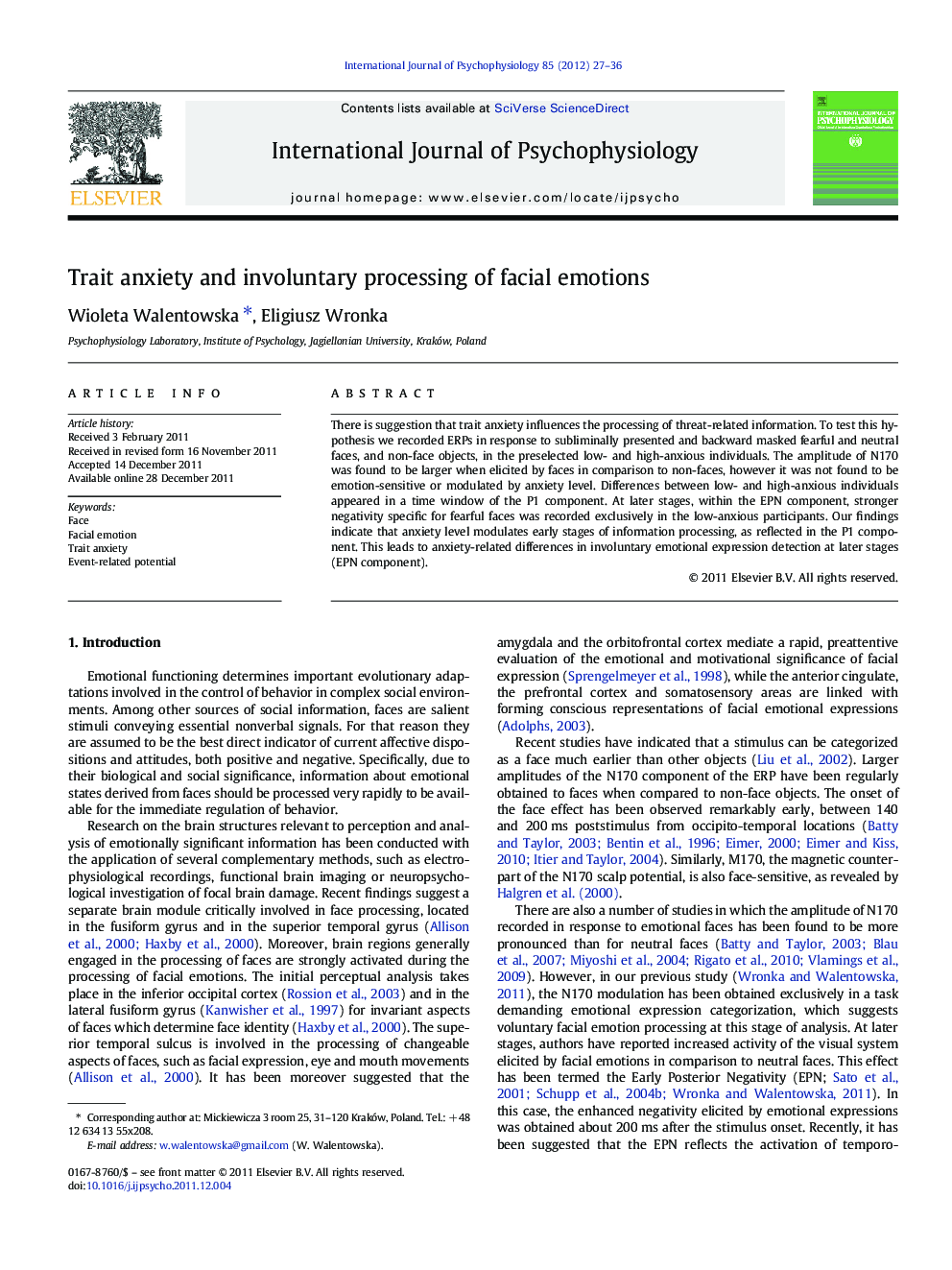 Trait anxiety and involuntary processing of facial emotions