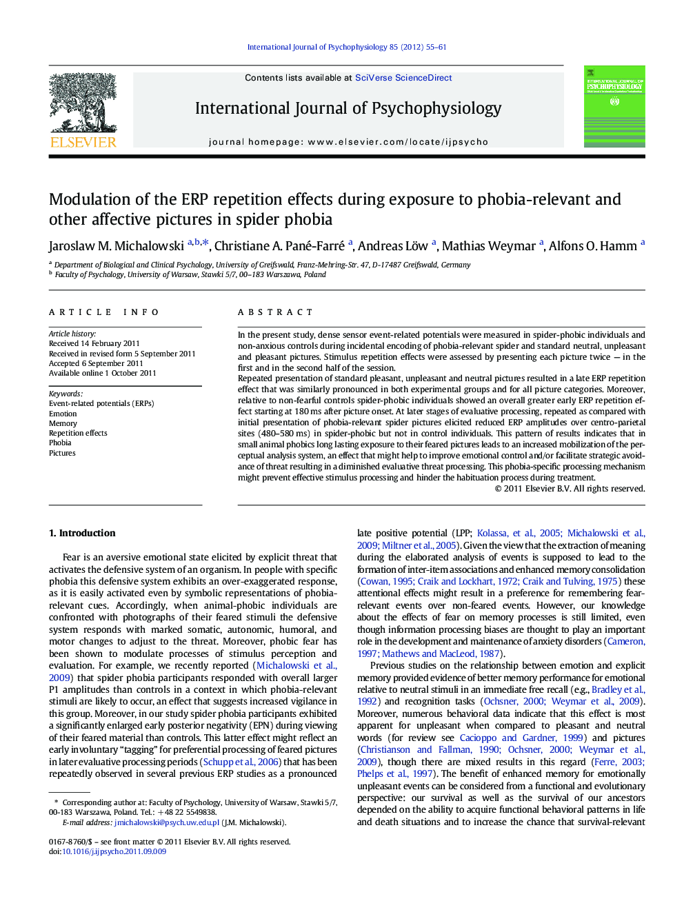 Modulation of the ERP repetition effects during exposure to phobia-relevant and other affective pictures in spider phobia