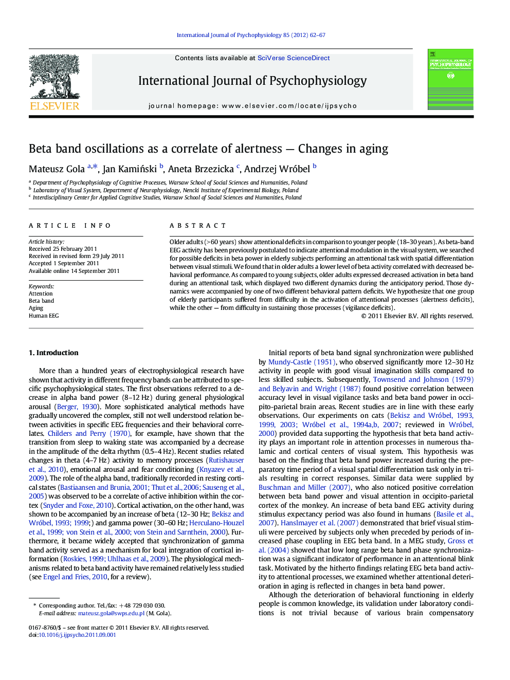 Beta band oscillations as a correlate of alertness — Changes in aging