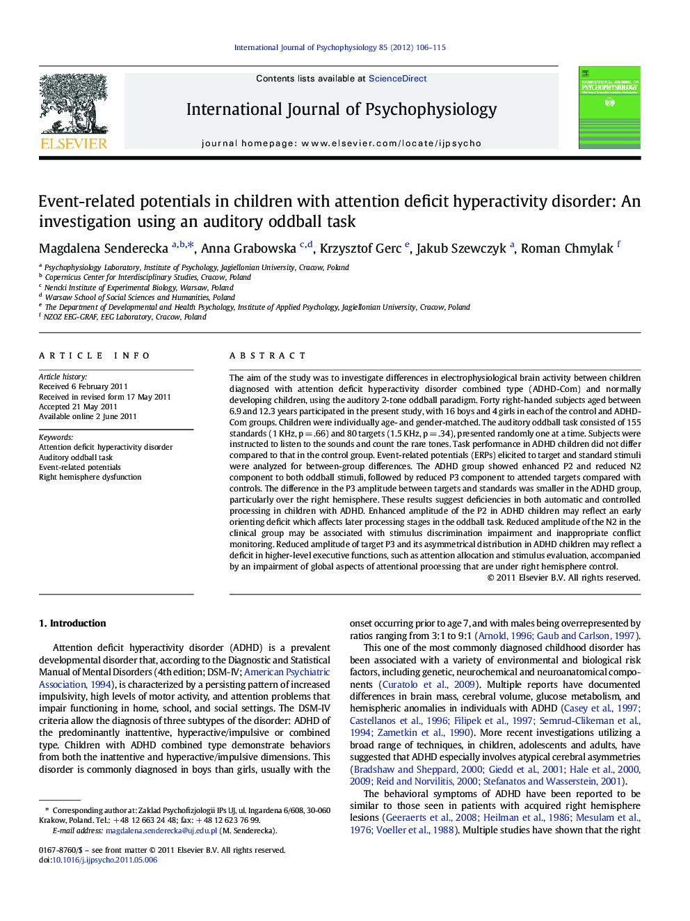 Event-related potentials in children with attention deficit hyperactivity disorder: An investigation using an auditory oddball task