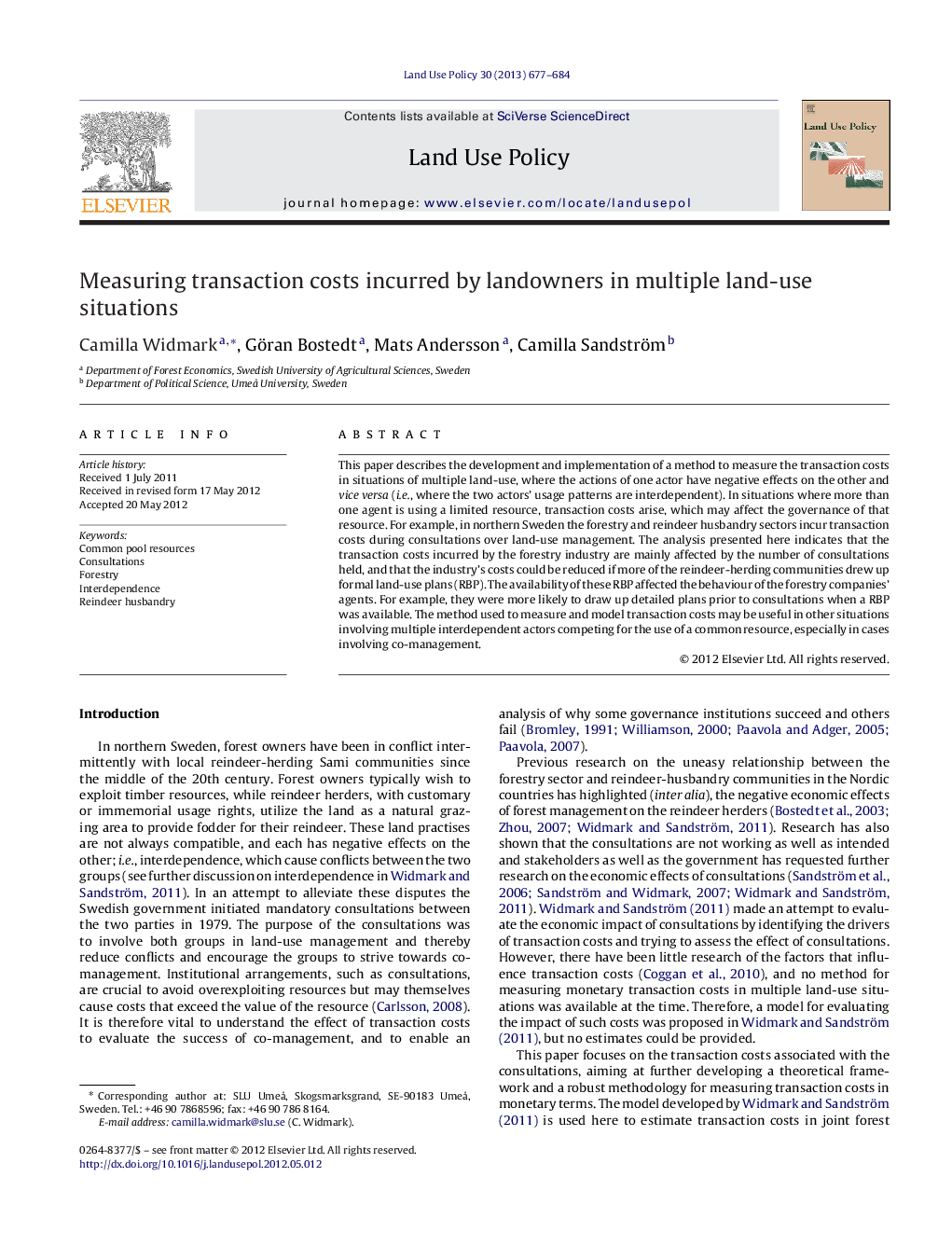 Measuring transaction costs incurred by landowners in multiple land-use situations