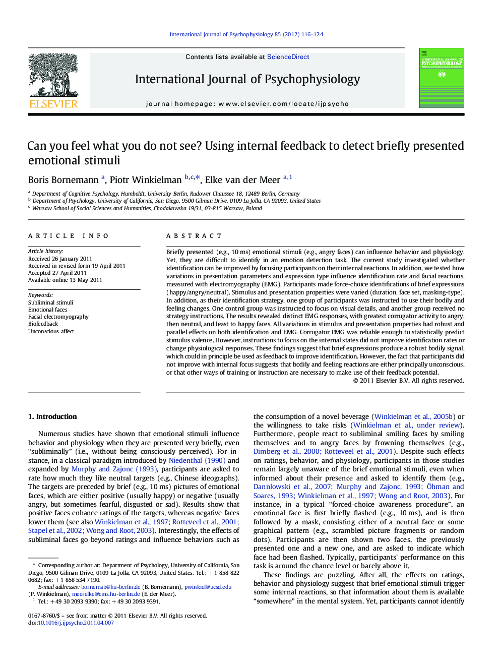 Can you feel what you do not see? Using internal feedback to detect briefly presented emotional stimuli