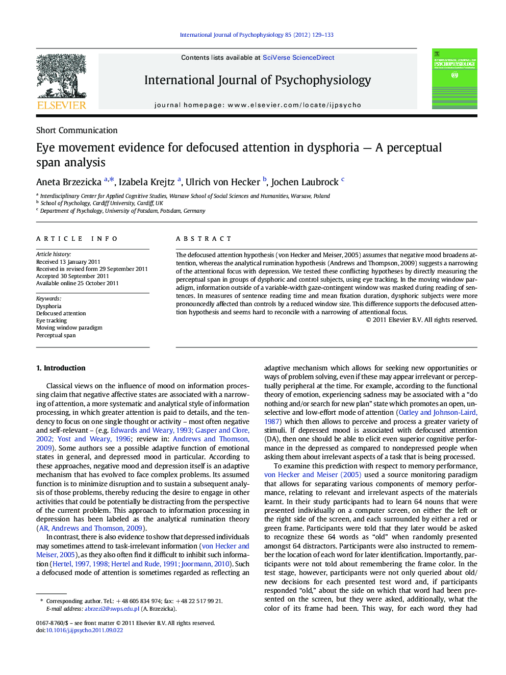 Eye movement evidence for defocused attention in dysphoria — A perceptual span analysis