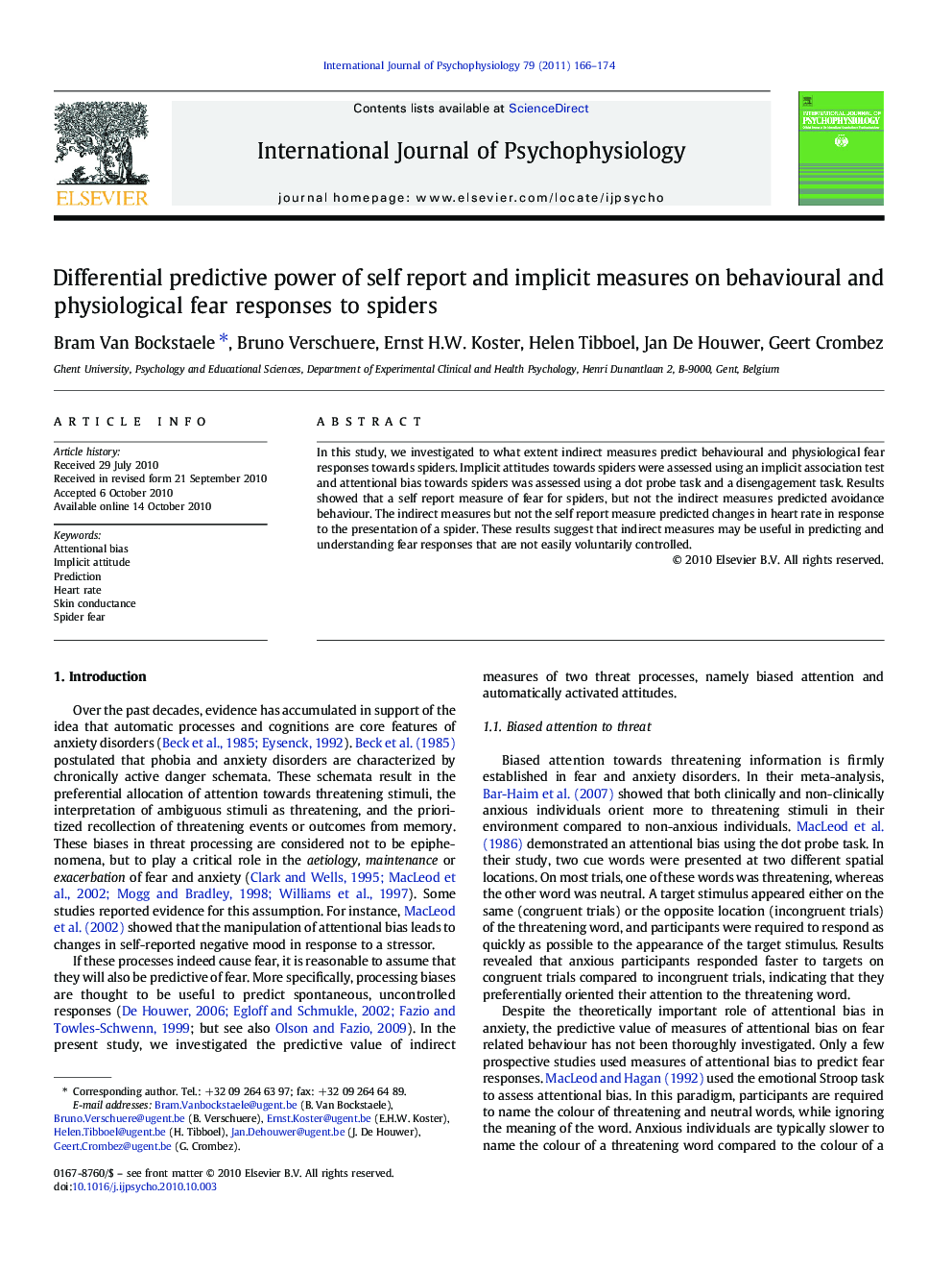 Differential predictive power of self report and implicit measures on behavioural and physiological fear responses to spiders