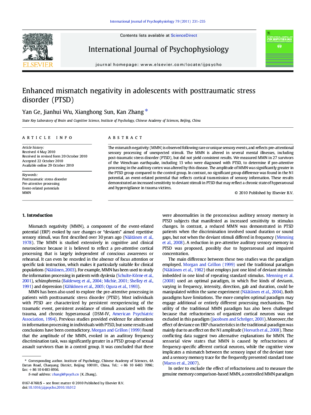 Enhanced mismatch negativity in adolescents with posttraumatic stress disorder (PTSD)