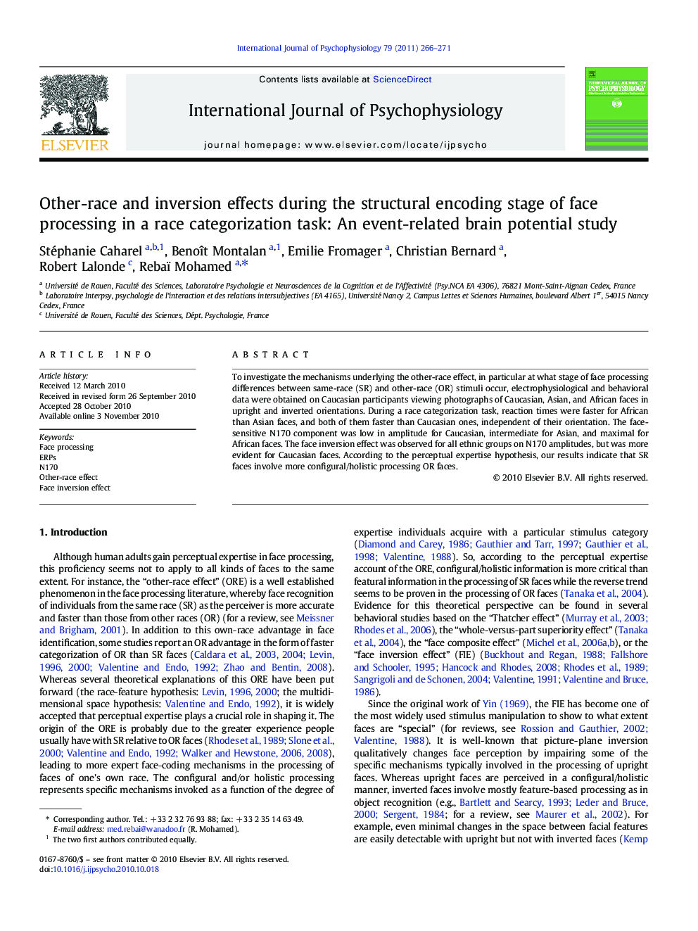 Other-race and inversion effects during the structural encoding stage of face processing in a race categorization task: An event-related brain potential study