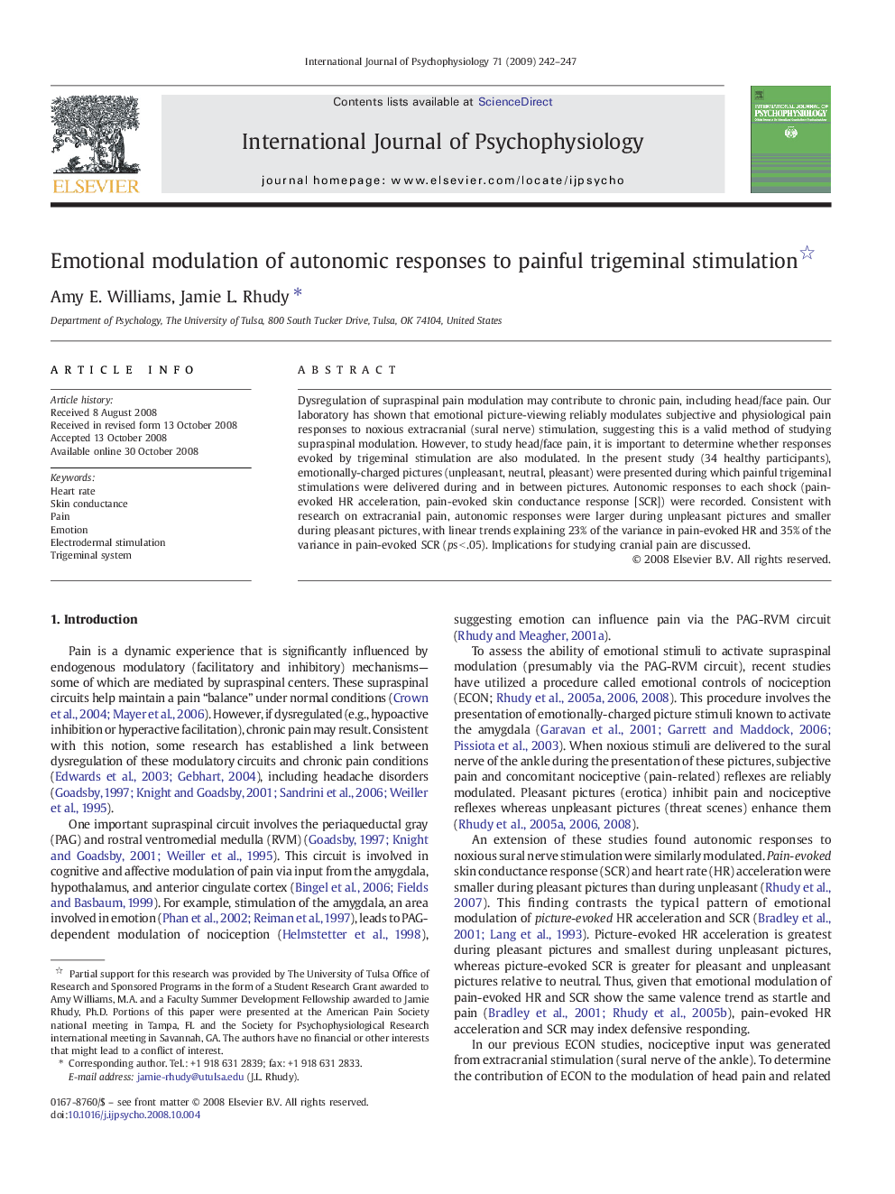 Emotional modulation of autonomic responses to painful trigeminal stimulation 