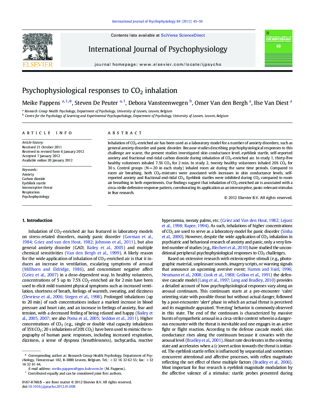 Psychophysiological responses to CO2 inhalation