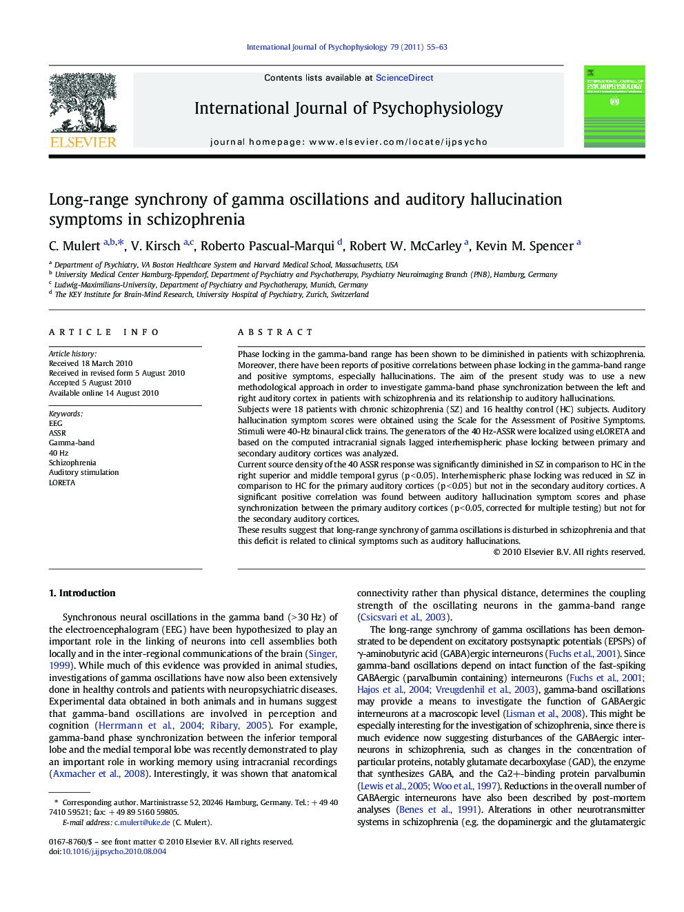 Long-range synchrony of gamma oscillations and auditory hallucination symptoms in schizophrenia