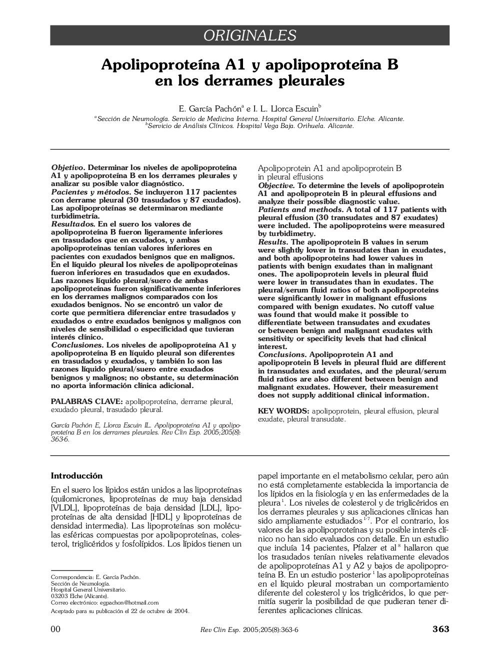 ApolipoproteÃ­na A1 y apolipoproteÃ­na B en los derrames pleurales